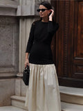 Ifomt Elegant Round Collar Long Sleeve Slim Robe Women Contrast Spliced Pleated Hem Long Dress New Lady Fashion Evening Party Dresses