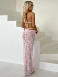 Ifomt Sexy Pink Lace Bikini Suit Fashion Lace Up See Through Sleeveless Off Shoulder 3 Piece Set New Lady Summer Vacation Beach Outfit