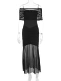 IFOMT Strapless Pleated Mesh Splice Maxi Dress Two-Piece Backless Elegant See Through Sexy Party Dresses Slim One Step DressChristmas Gifts