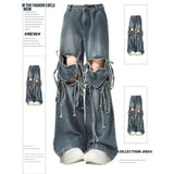 Ifomt Women Retro Blue Pants Baggy Vintage Y2k Harajuku 90s Aesthetic Pants Hollow Out High Waist Wide Leg Trouser 2000s Clothes 2024