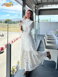 Ifomt Elegant Hollowed Lace Maxi White Dress Women Fashion Mock Neck Long Sleeved Shoulder Padded Robes 2025 Evening Women's Clothing