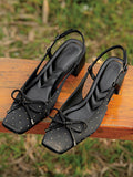 IFOMT Belt Buckle Rhinestone Split-Joint Square-Toe Pumps Sling Shoes