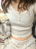 Ifomt 2025 New T-shirts Homewear Sweet Two Piece Set For Women Three Buttons Short Sleeve Tees And Shorts Chic Retro Summer Women Suit