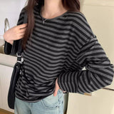 IFOMT Spring Autumn Women Harajuku Striped T Shirt Long Sleeve O-Neck T-Shirts Korean Casual Oversized T Shirt Femme Black Tops