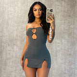 IFOMT Outfit Y2K Sexy Mini Dress Women Summer Hottie Hollow Out Strapless Solid Color Pullover Dresses Streetwear Women Clothes