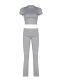 IFOMT Spring Outfits Gray Solid Slim Basic Sports Sexy 2 Pieces Yoga Sets Women O Neck Short Sleeve Tee & Chic Low Waist Skinny Pants Tracksuit S-XL