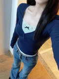 IFOMT Patchwork Fake Two-piece T-shirt Vintage Crop Top Women Y2k Basic Skinny Full Sleeve T Shirts 2000s Aesthetic Fall Top Casual