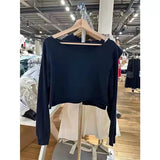 Ifomt Off Shoulder Edge Curl Y2K Short Pullovers New Autumn Solid Color Wide Collar Tops Long Sleeve Casual Streetwear Women Tee Shirt