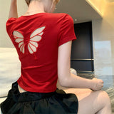 IFOMT Fashion Women T-shirt Short Sleeve O Neck Solid Slim Fit Ladies Crop Top Butterfly Hollow Backless for Casual Tops Summer 2024