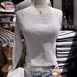 Ifomt Solid Ribbed Long Sleeve T Shirt Women 2025 Spring Cotton Sexy Slash Neck Tees Tops Harajuku Streetwear Slim Crop Top Y2k Tshirt