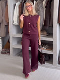 IFOMT Party Otufit Knitted Women 2 Piece Set Elegant O-Neck Sleeveless Button Vest Top High Waist Wide Leg Trousers Spring Summer Fashion Lady Suit