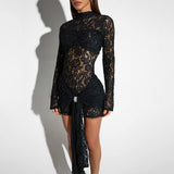 IFOMT Sexy Bodycon Lace Women Dress 2025 New Long Sleeve See Through Hot Girl Ruched Mini Dress Black High Street Party Clothes