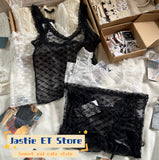 Ifomt Love Graphic Bow Sweet Tank Top Street Party See Through Thin Mesh Sexy Y2K Tops Sheer Slim Summer Camisole Cover-ups 2025 New