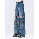 Ifomt Women Retro Blue Pants Baggy Vintage Y2k Harajuku 90s Aesthetic Pants Hollow Out High Waist Wide Leg Trouser 2000s Clothes 2024