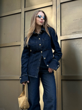 Ifomt Street Denim Shirt Jean Set Women Lapel Waist Up Long Sleeve Single Breasted Pocket Jacket Straight Trousers 2025 Lady Outfit