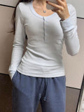 Ifomt Sweet Blue Striped Patchwork Slim T-shirt Women Buttons O-Neck Cotton Long Sleeve Tee Preppy Style Cute Vintage T Shirt Y2K Top