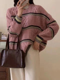 IFOMT Contrast Color Striped Cable Knit Sweater