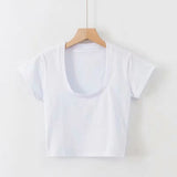 IFOMT Summer Sexy T Shirt Tops for Women Clothes Stretch Slim Tees Shirt Femme U Neck Short Sleeve T-shirts Streetwea Crop Top