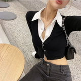 IFOMT Y2K Fake Two Piece Shirt Women Fashion Patchwork Aesthetic Crop Top Female Spring Autumn Streetwear Slim Fit Long Sleeve Blouses