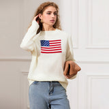 IFOMT Outfit Women's Y2K American Retro Vintage Flag Sweaters Casual Long Sleeve Crew Neck Loose Fit Knit Pullover Jumper Tops
