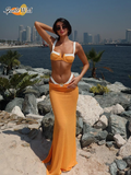 Ifomt Contrasting Bikinis Sexy Bathing Suit Women Fashion High Waist Slim Fit Slit Knitted Long Skrits Beach Sets New Summer Vocation