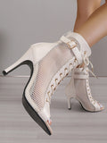 IFOMT Belt Buckle Hollow Lace-Up Peep Toe Split-Joint Zipper Boots Pumps Sandals
