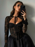 IFOMT Sexy Lace Bandage Mini Dress Women's Fashion See Through A-line Dress Fishbone Splice Long Sleeve Black Gown Dresses LadyChristmas Gifts