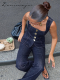 Ifomt Street Denim Pants Set Women Sleeveless Single Breasted Slim Square Collar Tank High Waist Straight Jeans 2025 Summer Lady Suit