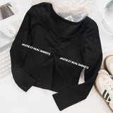 Ifomt V Neck Slim Long Sleeve T-shirts Fashion Tight Folds Basic Crop Top Woman Spring Solid Color Casual Street Y2K Summer Tees