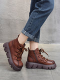 IFOMT Vintage Cow Leather Wool Boots Platform Shoes