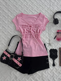 Ifomt Sweet T-shirt Slim Y2k Clothes Goth Letter Print Punk Short Sleeve Vintage Crop Top V-Neck Streetwear Aesthetic Harajuku Grunge