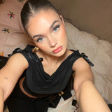 IFOMT Outfit Summer Solid Color Sexy Off Shoulder Tops Lace Up Sleeveless T-Shirt Casual Slim Crop Top  Black Short Sleeve Wome