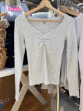 Ifomt Bow Gray V-neck Long Sleeve Tees Lace Trim V-neck Tight Women T-shirt Autumn Spring Solid Color Casual Crop Top Y2K Tight Tshirt