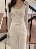 Ifomt Sweet Solid Thin Slightly Transparent Two-piece Suit Women Casual Sexy Slim Long Sleeve Cardigan + Suspenders Vintage Chic Tops