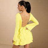 IFOMT Lace Up Big Backless Mini Dress For Women Tassel Ruffled Patchwork Slim Dresses Elegant Flare Sleeve Female Party Outfits