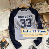 Ifomt 33 Cowboys Printed Slim Long Sleeve T-shirts Streetwear Round Neck Tight  Fall Tees Cotton Gray Navy Blue Patchwork Y2k Tops