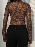 IFOMT Spring Outfits Leopard Print Lace-Up Blouse Shirts Women Semi-Sheer Mesh Elegant Fashion Sexy Flared Sleeve Ruffled Cardigan Tops