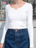 Ifomt Chic Floral Hollow Out Slim Tops Women Summer Sweet Cute Ribbed Cotton Long Sleeve T-shirt Femme Simple Casual Button Crop Top