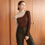 IFOMT Outfit Autumn And Winter New Color Collision Tops Half-High Neck Hollowed Out Yankee Waist Retro Bottoming Tops T-Shirt Street