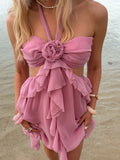 Ifomt Sweet Pink Women's Elegant Dress Chic 3d Flower Ruffles Hem Backless A-line Halter Vestidos Summer Lady Covation Beach Dresses