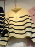 IFOMT Stripe Splice Lapel Neck Half Zip Sweater
