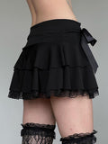 IFOMT Spring Outfits Goth Y2K Black Lace Trim Bow A Line Mini Skirt Women Korean Streetwear