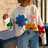 IFOMT Crochet Flower Pullover Knitted Sweater Women's Fashion Loose Lantern Long Sleeve Embroidery Knit Top Streetwear Fashion