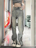 IFOMT Low Rise Washed Straight-Fit Slit Wide-Leg Jeans