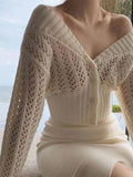IFOMT V Neck Cutout Splice Knit Cardigan