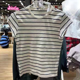 Ifomt Vintage Striped Slim Crop Top Women Summer Basic Short Sleeve Round Neck Soft Cotton T-shirts Female Casual Simple Y2k Tops 2025