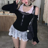 IFOMT Black Lace Stitched Off Shoulder Crop Top Hollow Out Sexy Skinny Long Sleeve T Shirts for Women Harajuku Y2k Autumn Tee Basic