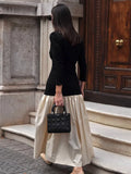 Ifomt Elegant Round Collar Long Sleeve Slim Robe Women Contrast Spliced Pleated Hem Long Dress New Lady Fashion Evening Party Dresses