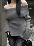 IFOMT Solid Off Shoulder Zip Up Hem Sweater