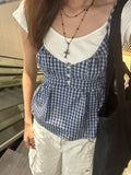 Ifomt Lace Trim Plaid Sweet Summer Camisole Three Button V-neck Chic Fashion Loose Tank 2025 Summer New Vintage Sleeveless Camis Vest